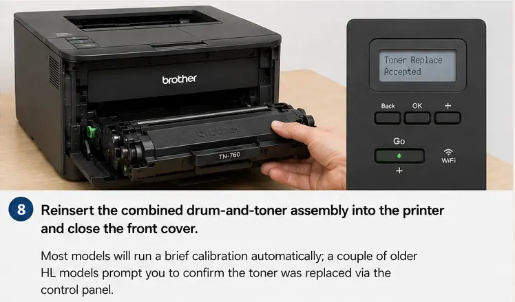 Reinsert the combined drum-and-toner assembly into the printer